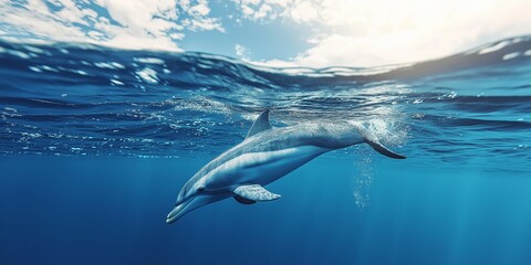 Naklejka premium A dolphin swimming gracefully in the clear blue ocean, capturing the beauty and freedom of marine life.