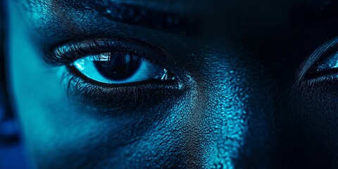 Close-up of two eyes with blue lighting, exuding intense focus and deep expression in a dark background.