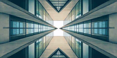 Obraz premium Symmetrical view of modern buildings converging upwards, showcasing sleek architecture and clear blue sky.