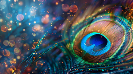 Vibrant peacock feather with glowing bokeh lights in the background