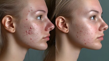Fototapeta premium Three-month acne healing process patient photos showing gradual improvement from inflamed skin to smooth, healthy complexion Medical focus, professional detail