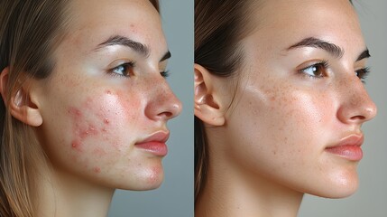 Close-up of a woman's face showing before and after of natural acne treatment Visible reduction in redness, smoother skin texture, and even complexion