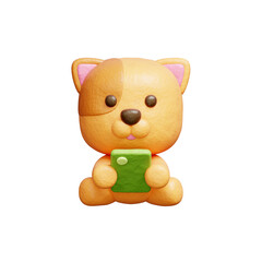 3D cute dog watching on smartphone, Cartoon animal character, 3D rendering.