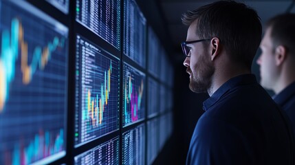 Fototapeta premium Businessman Analyzing Data on Multiple Screens