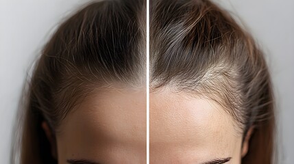 Fototapeta premium Comparison of hair density before and after hair loss treatment, illustrating a balding scalp pre-treatment and rejuvenated hair post-procedure