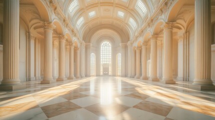 Spacious marble hall with towering columns, arched ceilings, and streaming sunlight