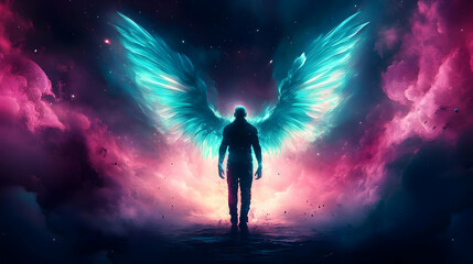 Fototapeta premium Man with Glowing Wings Walks Towards Light in Cosmic Cloudscape