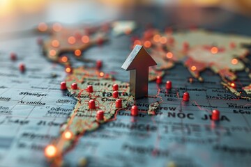 Red arrow symbolizes declining globalization amidst international economic crisis and recession