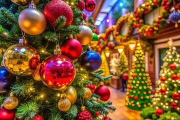 Vibrant and Merry Christmas Decorations with Colorful Ornaments and Festive Holiday Elements