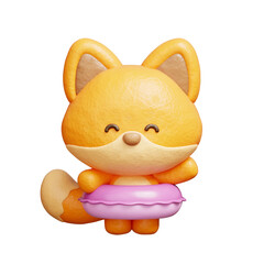 3D cute fox with swim rubber, Cartoon animal character, 3D rendering.