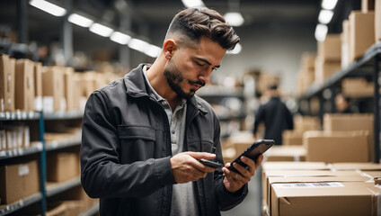 Obraz premium Man Scanning Package Barcode with Smartphone