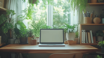 Bright Home Office Setup with Laptop & Greenery by Window