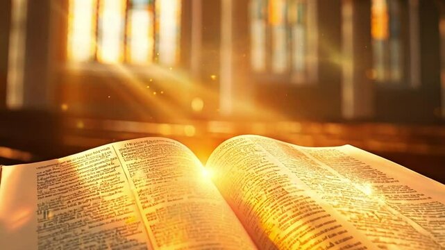 Sunlit sacred scripture: glowing bible in church. Sunbeam on open bible at place of worship. Catholic religious video.