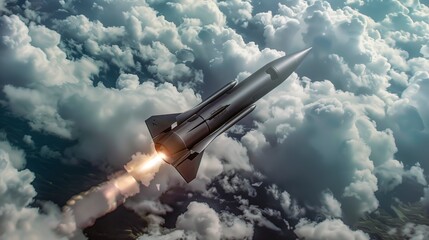 A missile in flight with a trail of smoke against a blue sky, representing speed, power, and military technology. The scene captures the motion and intensity of a high-speed, armed projectile in actio