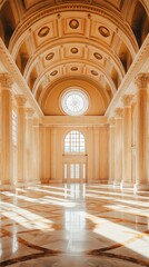 Fototapeta premium Spacious marble hall with towering columns, arched ceilings, and streaming sunlight