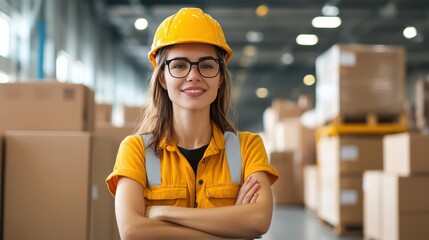 An Empowering Moment: A Warehouse Worker Smiling Proudly Amidst Stacks of Cardboard Boxes