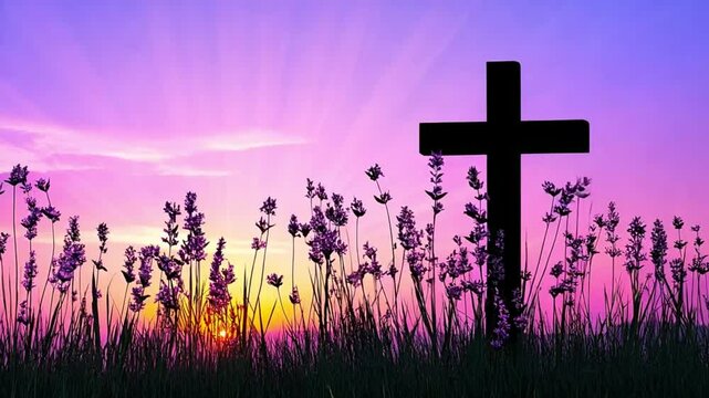 Serene Catholic religious video with colorful sunset timelapse of a field with silhouetted cross and blooming lavender.