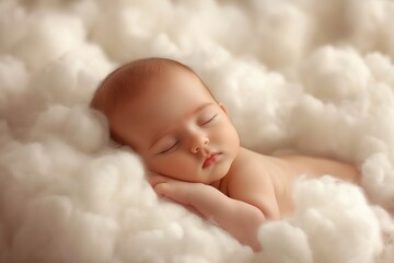 Tender moment of a baby sleeping peacefully among fluffy clouds in a cozy setting
