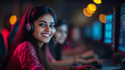 A group of Indian women call center staff are working at their desks