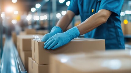 Worker in Blue Gloves Carefully Handling Packages to Ensure Safety and Quality in Warehousing