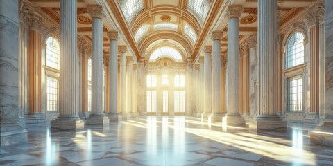 Fototapeta premium Spacious marble hall with towering columns, arched ceilings, and streaming sunlight