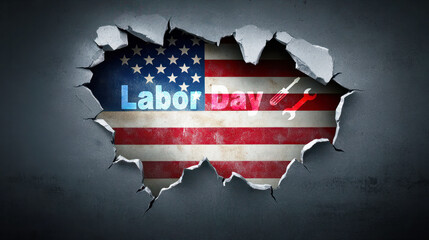 National Labor Day concept, American flag ripping through dark background, Strikes of workers, Demanding labor rights and welfare of workers, the value of labor in American society