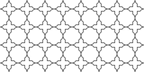 Seamless geometric pattern. Black and white abstract background with lines, quatrefoil shapes.