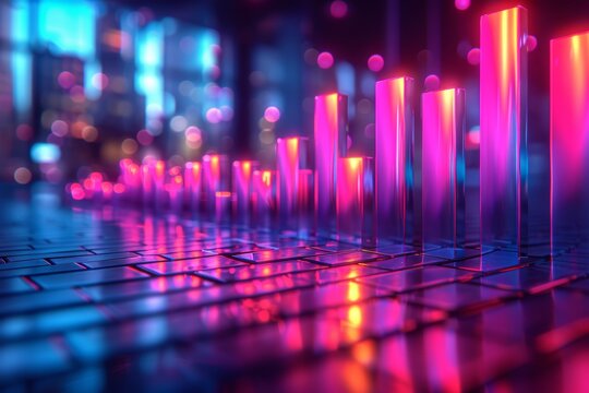 Dynamic 3d illustration of business growth with rocket and bar chart in black and blue theme