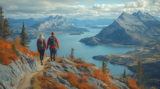 Adventurous Couple Hiking with Stunning Mountain Lake View - Powered by Adobe