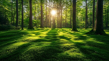 Obraz premium Lush green forest with sunlight filtering through the trees, creating a serene atmosphere, symbolizing the beauty of nature and the importance of recycling