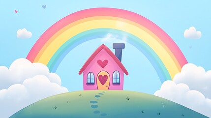 Naklejka premium A cute pink house with a rainbow arching over it, representing happiness, love, and a sense of home.