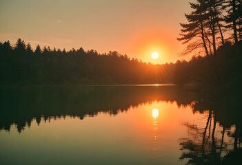 Obraz premium Sunset over a body of water, with the sun appearing as a large, glowing orb reflected in the calm waters