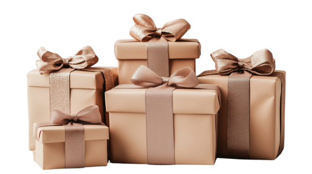 A stack of elegantly wrapped gift boxes placed on a clean against a plain PNG background