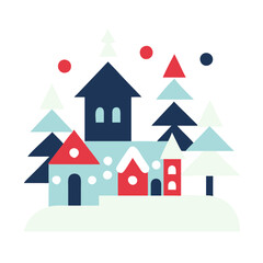 Obraz premium A Christmas scene with a blue and red house and trees. The house is surrounded by trees and there are snowflakes falling from the sky. The scene is very festive and cheerful