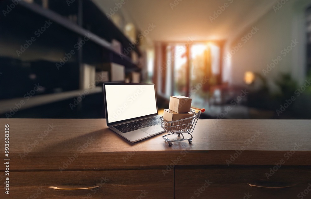 Poster a laptop computer with a blank screen sits on a wooden surface next to a miniature shopping cart fil