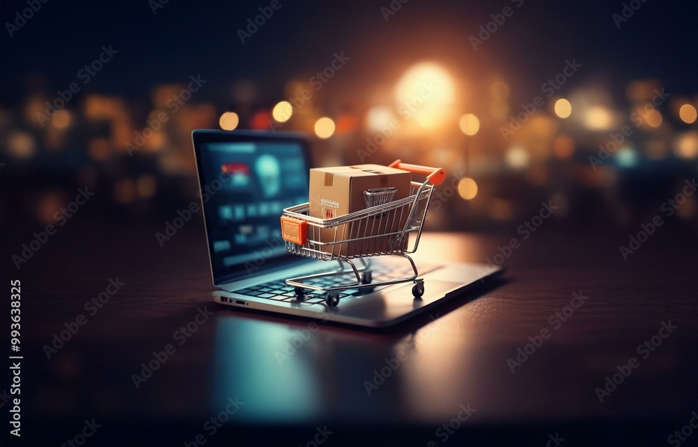Poster a small shopping cart with a cardboard box sits on a laptop keyboard against a blurred background of