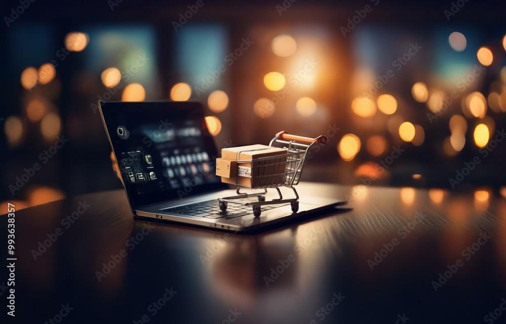 Poster A miniature shopping cart with a cardboard box sits on a laptop keyboard in front of a blurred background of warm lights.