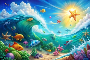 Naklejka premium Vibrant Cartoon Illustration of an Ocean Scene with Waves, Sun, and Playful Marine Life Elements