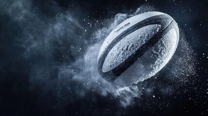A dynamic rugby ball in motion surrounded by smoke, emphasizing action and sport.