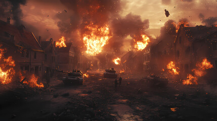 Generative AI, Civilians Escape the Flames of a Burning Town