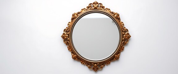 On a white background a classic, ornate, round mirror with a gold frame.	
