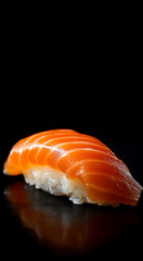 A single piece of salmon sushi on a reflective surface, showcasing vibrant colors against a dark background.