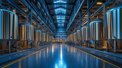 A photograph of large stainless steel beer tanks in the center, a bright and clean modern factory floor, a large open space, a symmetrical composition, a wide-angle lens, cool tone