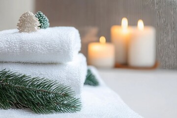Fresh white towels with fir branch, candles and Christmas decorations. Wellness and wellbeing. SPA massage or beauty salon, relaxation and self care in Christmas or New Year variant. Copy space.