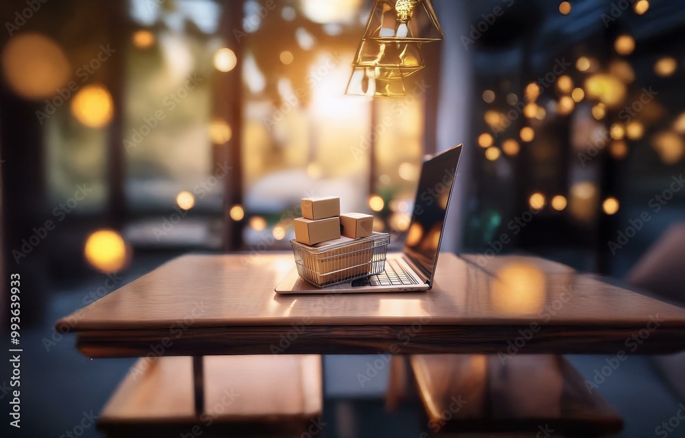 Poster a laptop sits on a wooden table with a shopping cart containing cardboard boxes. the background is a