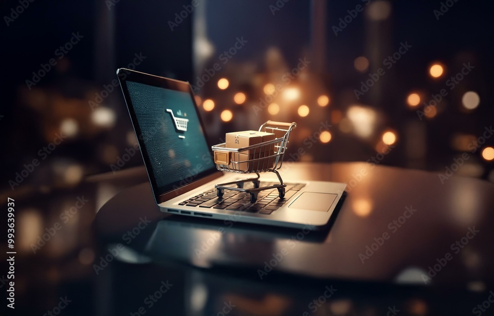 Poster A miniature shopping cart with boxes sits on the keyboard of an open laptop, with a blurred background of glowing lights.