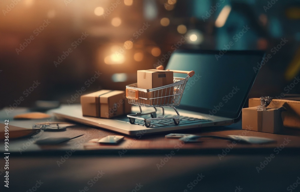 Poster A small shopping cart sits on top of a laptop keyboard with a box inside. There is another box behind the laptop.