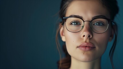 Fototapeta premium Thoughtful Young Woman Wearing Glasses Against Dark Background â€“ Close-Up Portrait Photograph for Lifestyle and Fashion