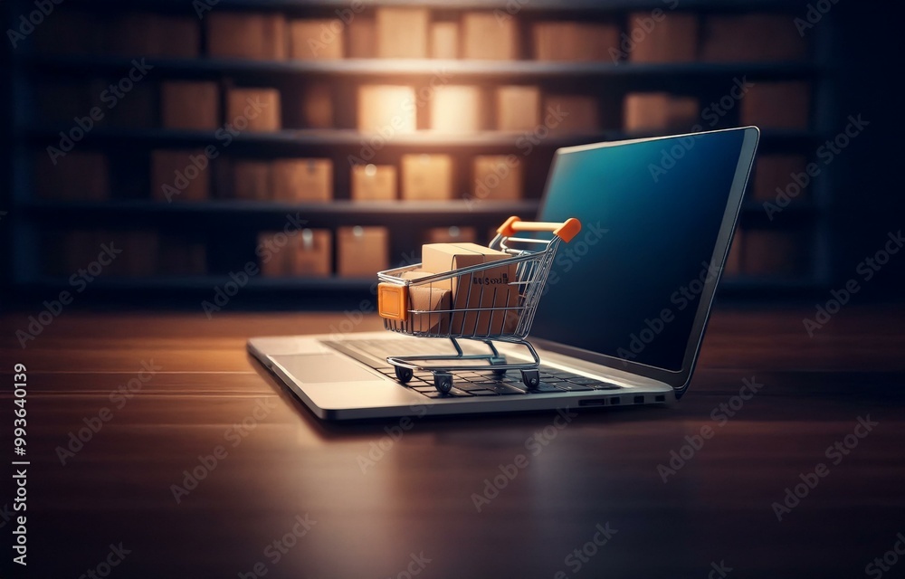 Wall mural a miniature shopping cart filled with cardboard boxes sits on the keyboard of a laptop computer.