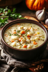 Creamy potato soup with carrots and herbs